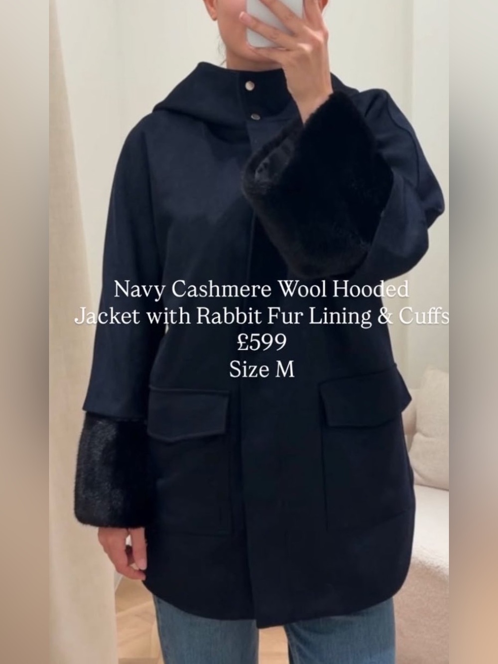 Navy Hooded Cashmere-Wool Jacket with Rabbit Fur Cuffs